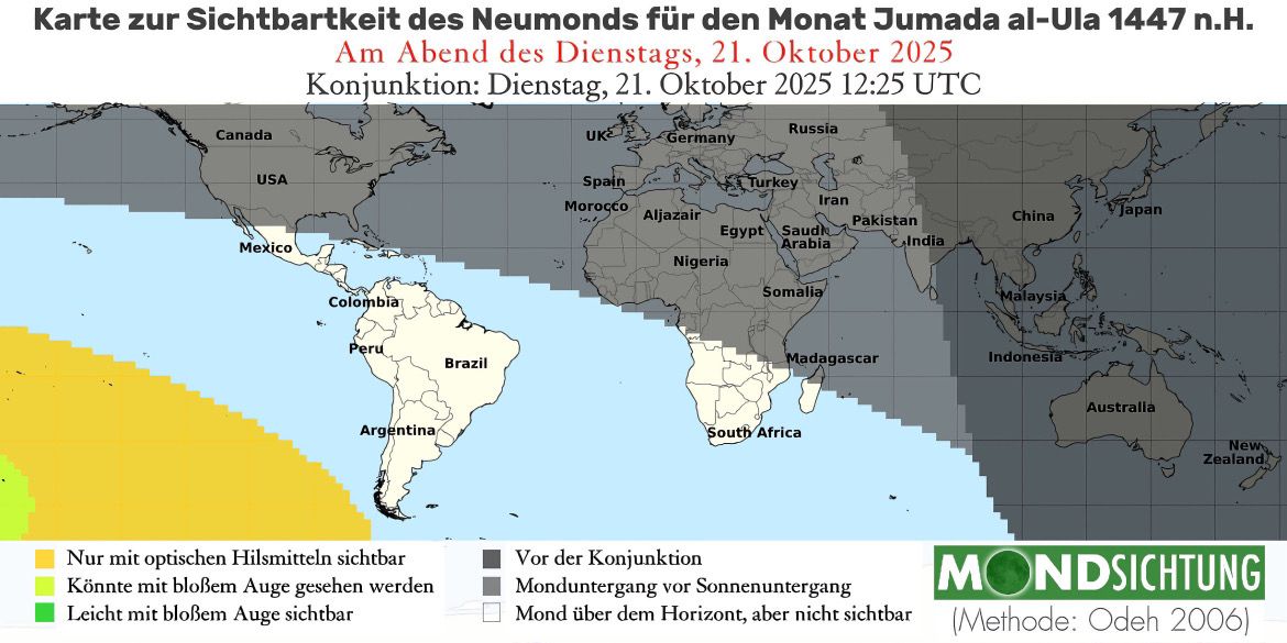Sichtbarkeit der Mondsichel am 21. Oktober 2025