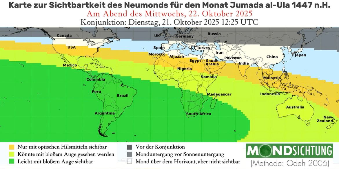 Sichtbarkeit der Mondsichel am 22. Oktober 2025