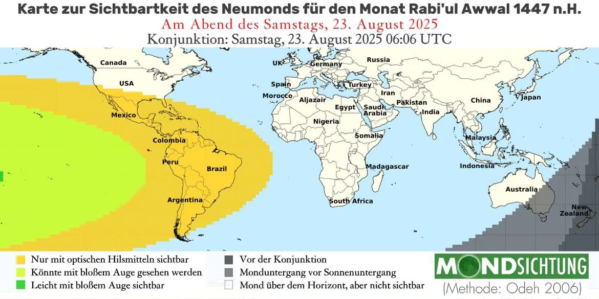 Sichtbarkeit der Mondsichel am 23. August 2025