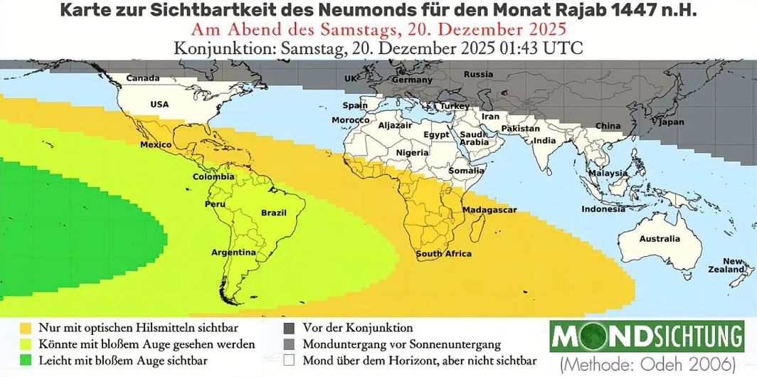Sichtbarkeit der Mondsichel am 20. Dezember 2025