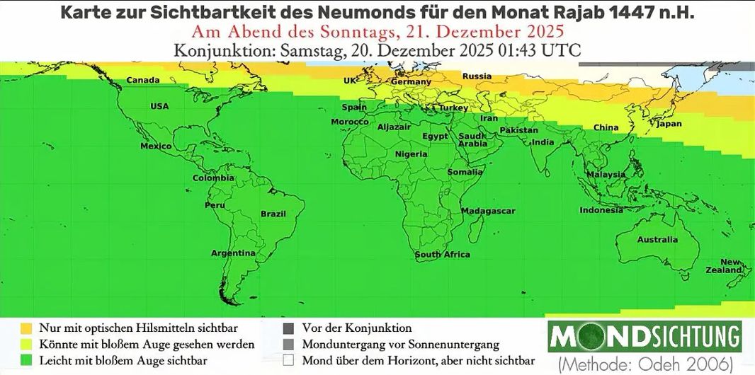 Sichtbarkeit der Mondsichel am 21. Dezember 2025