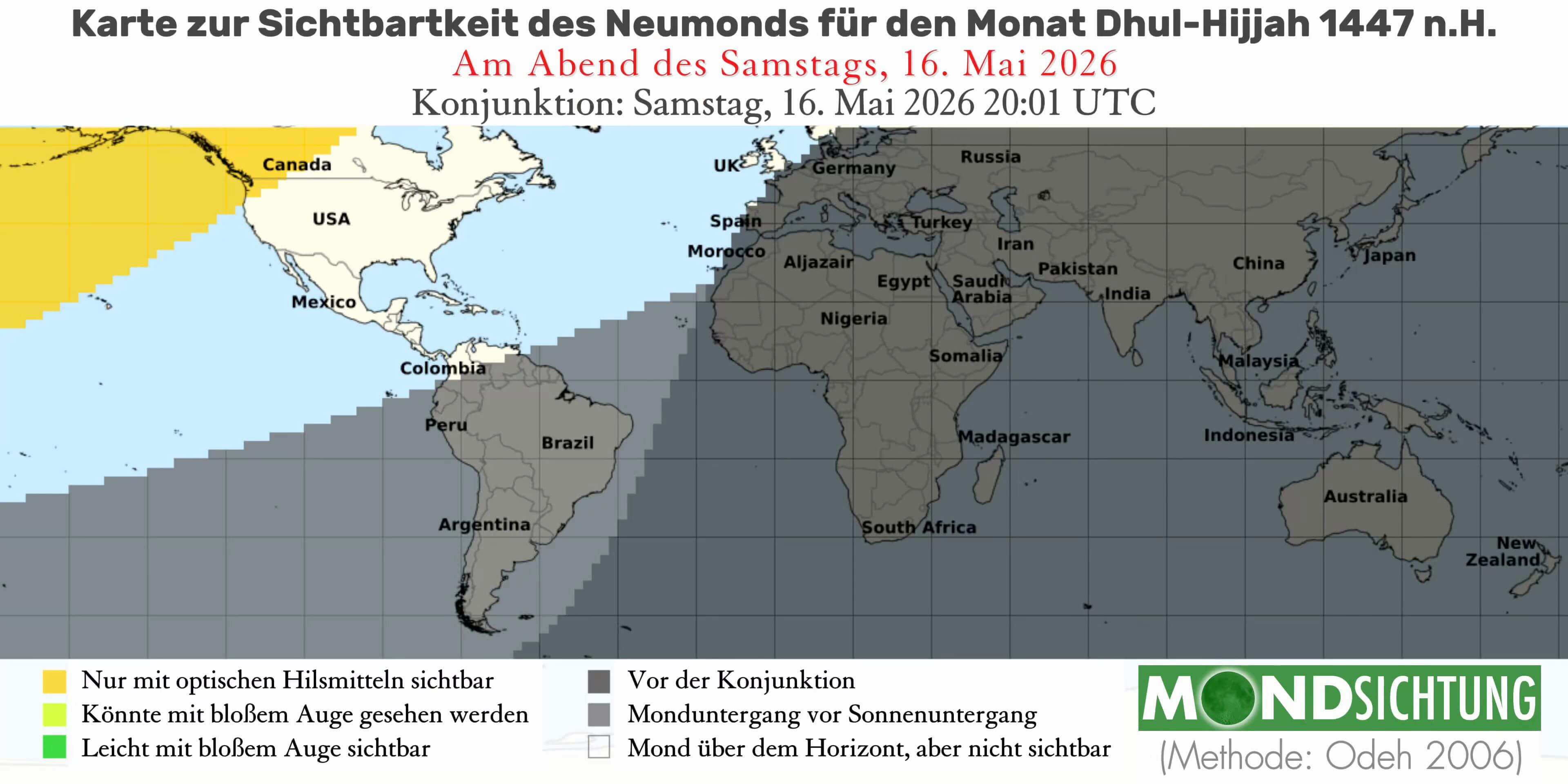 Sichtbarkeit der Mondsichel am 16. Mai 2026