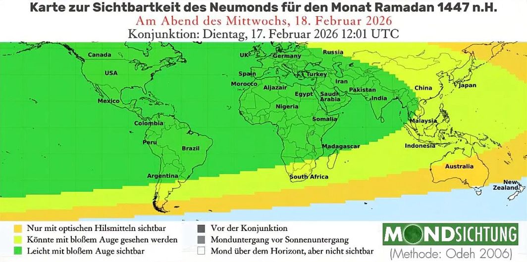 Sichtbarkeit der Mondsichel am 18. Februar 2026