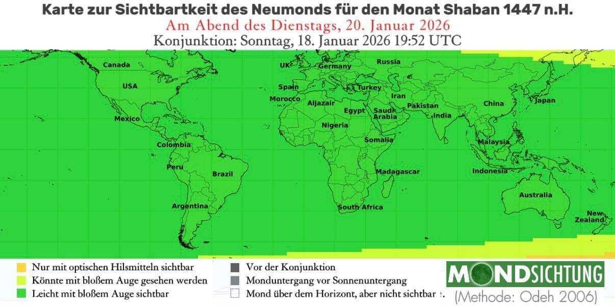 Sichtbarkeit der Mondsichel am 20. Januar 2026
